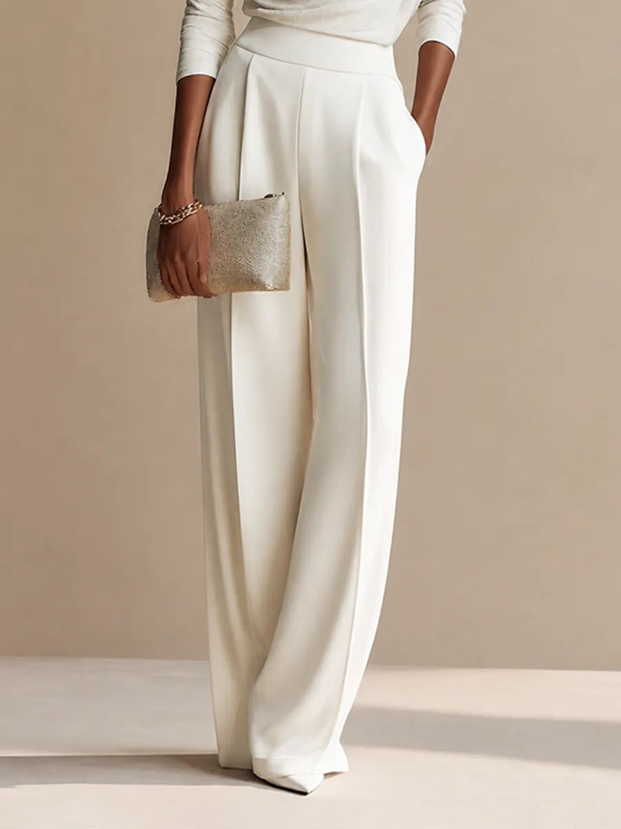 Women's Elegant Draped Boat-Neck Long-Sleeve Top & High-Waisted Wide-Leg Trouser Set