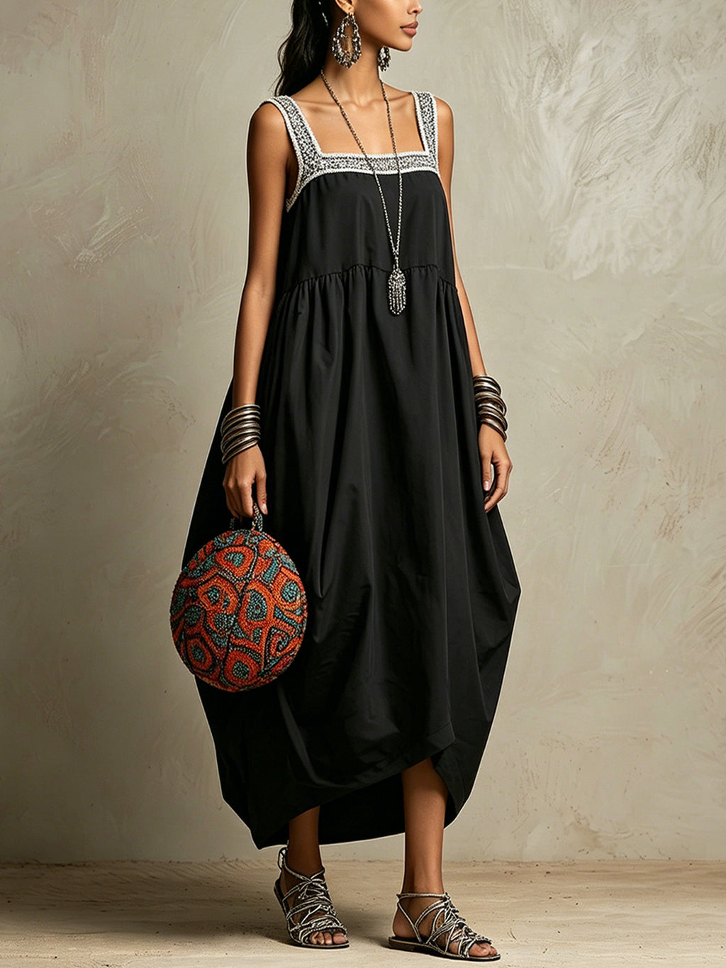 Black Sleeveless Maxi Dress With Silver Crochet Trim And Balloon Hem