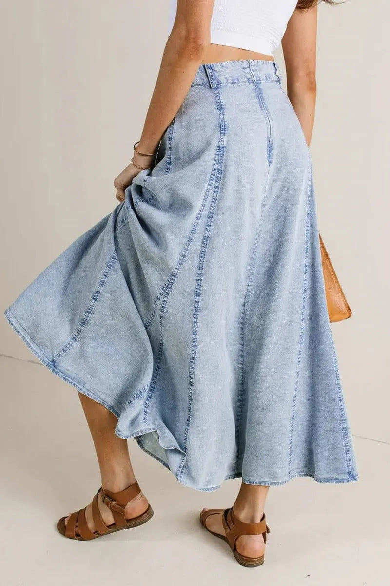 Women Vintage Long Denim Skirt Flowy Big Hem Slouchy Washed Jean Skirt
