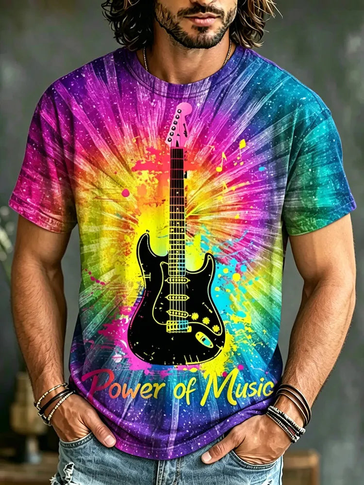 Men's Hippie Style Tie-dye Guitar Music Print Casual T-shirt