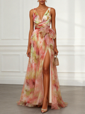Pink Floral Bow Tulle V Neck Sleeveless A-Line Floor-length Gown Dress