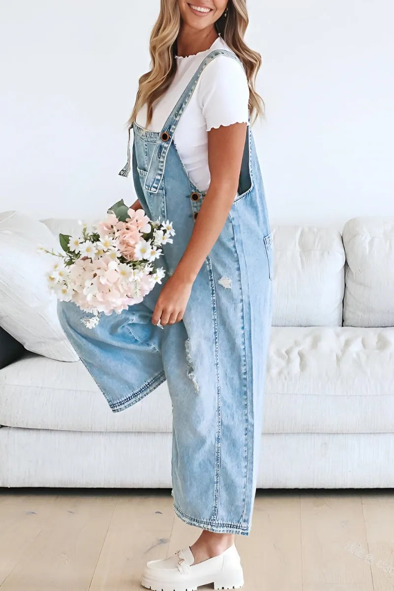 Women's Casual Adjustable Straps Denim Bib Overalls Distressed Ripped Wide Leg Jeans Long Pants Jumpsuits