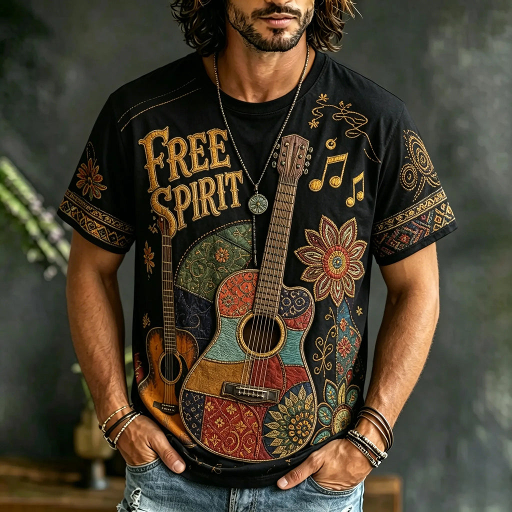 Men's Retro Hippie Guitar Music Ethnic Design Short-sleeve T-shirt