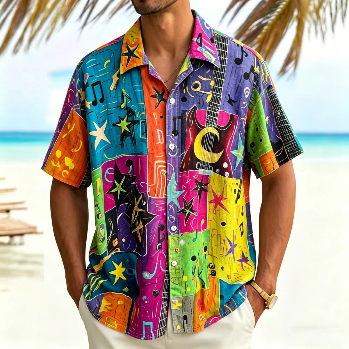Men's Retro Hippie Guitar Graffiti Art Pattern Casual Shirt