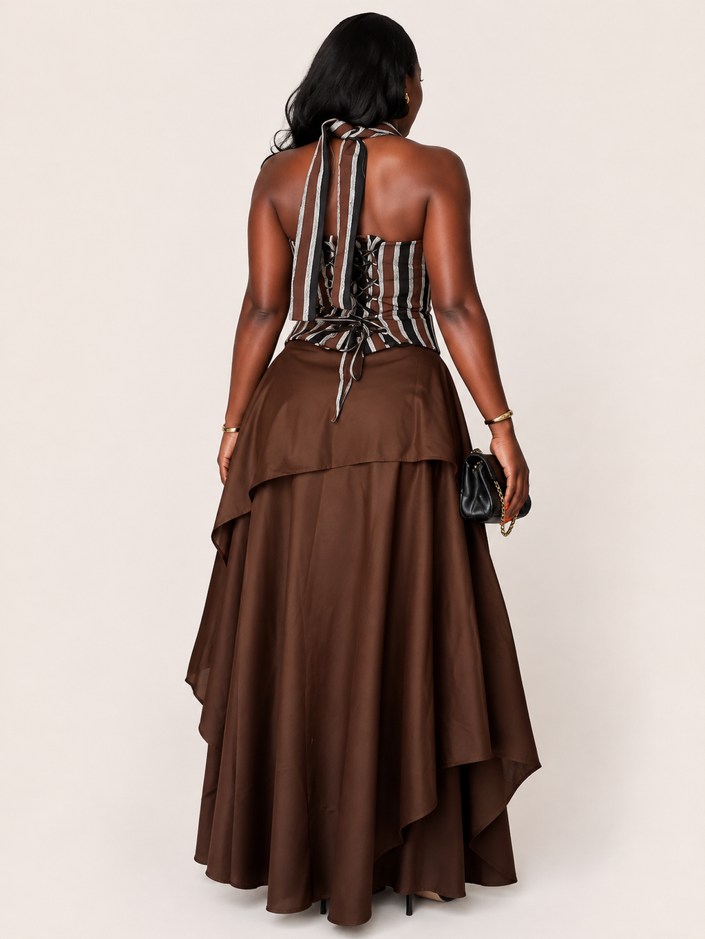 Elegant Striped Corset Halter Top & Layered Maxi Skirt Two-Piece Set