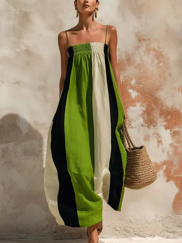 Casual Color Block Printing Spaghetti Maxi Dress