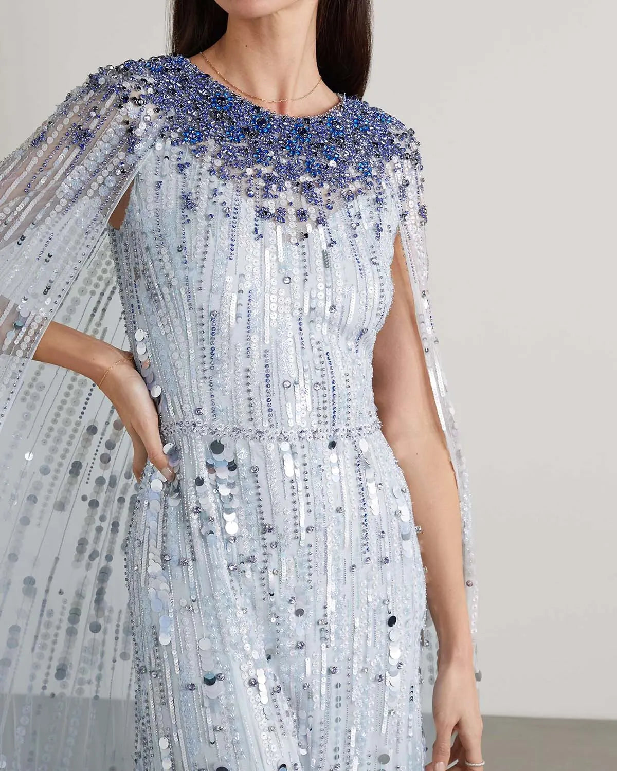 Elegant Cape-Effect Beaded Dress Gown