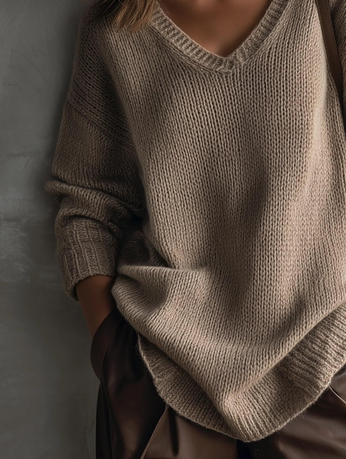 Women's Casual Grey-brown Knitted V-neck Long-sleeve Sweater MDZ2305G3LXY