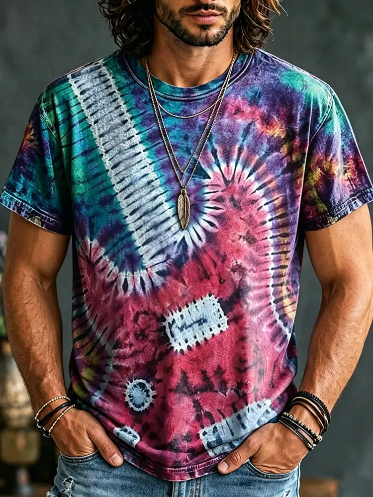 Men's Hippie Tie Dye Guitar Print T-shirt