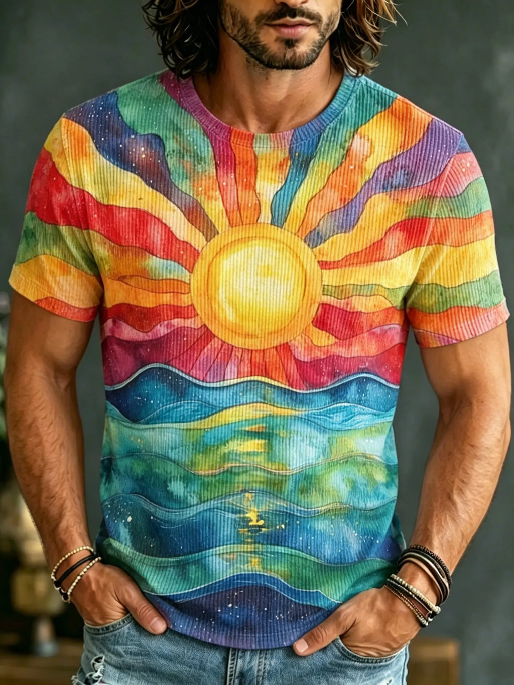 Men's Retro Bohemian Hippie Style Sun And Ocean Print T-shirt