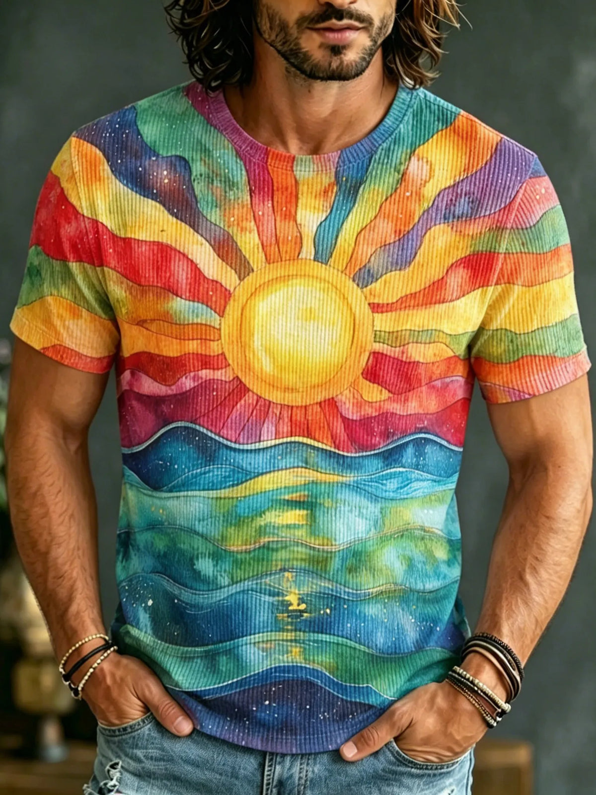 Men's Retro Bohemian Hippie Style Sun And Ocean Print T-shirt