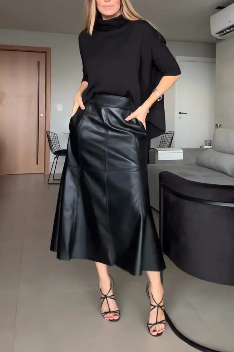 Women Temperament High Neck Top or Spliced Leather Skirt