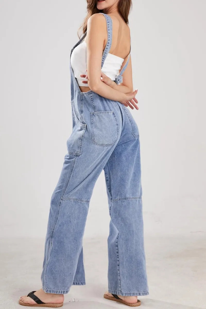 Casual Denim Jumpsuit for Women Overalls Wide Leg Jumpsuit Jeans Denim Bib Overalls Dungaree Pockets