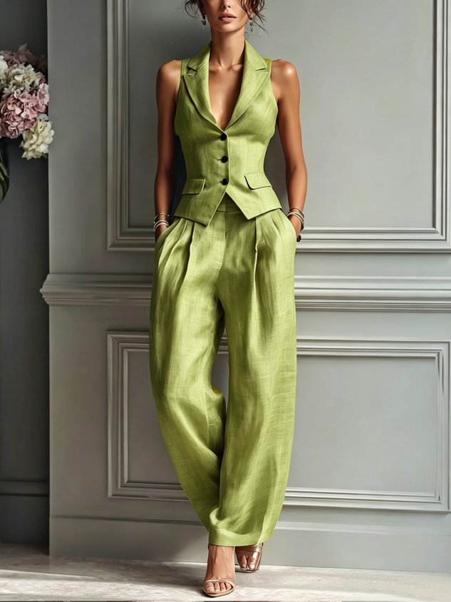 Casual Solid Tailored Lapel Collar Vest