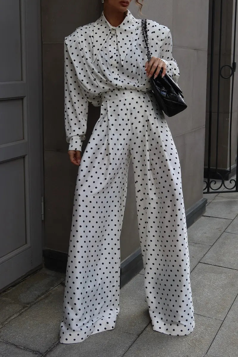 Women's Casual Loose Polka-Dot Shirts Pants Set