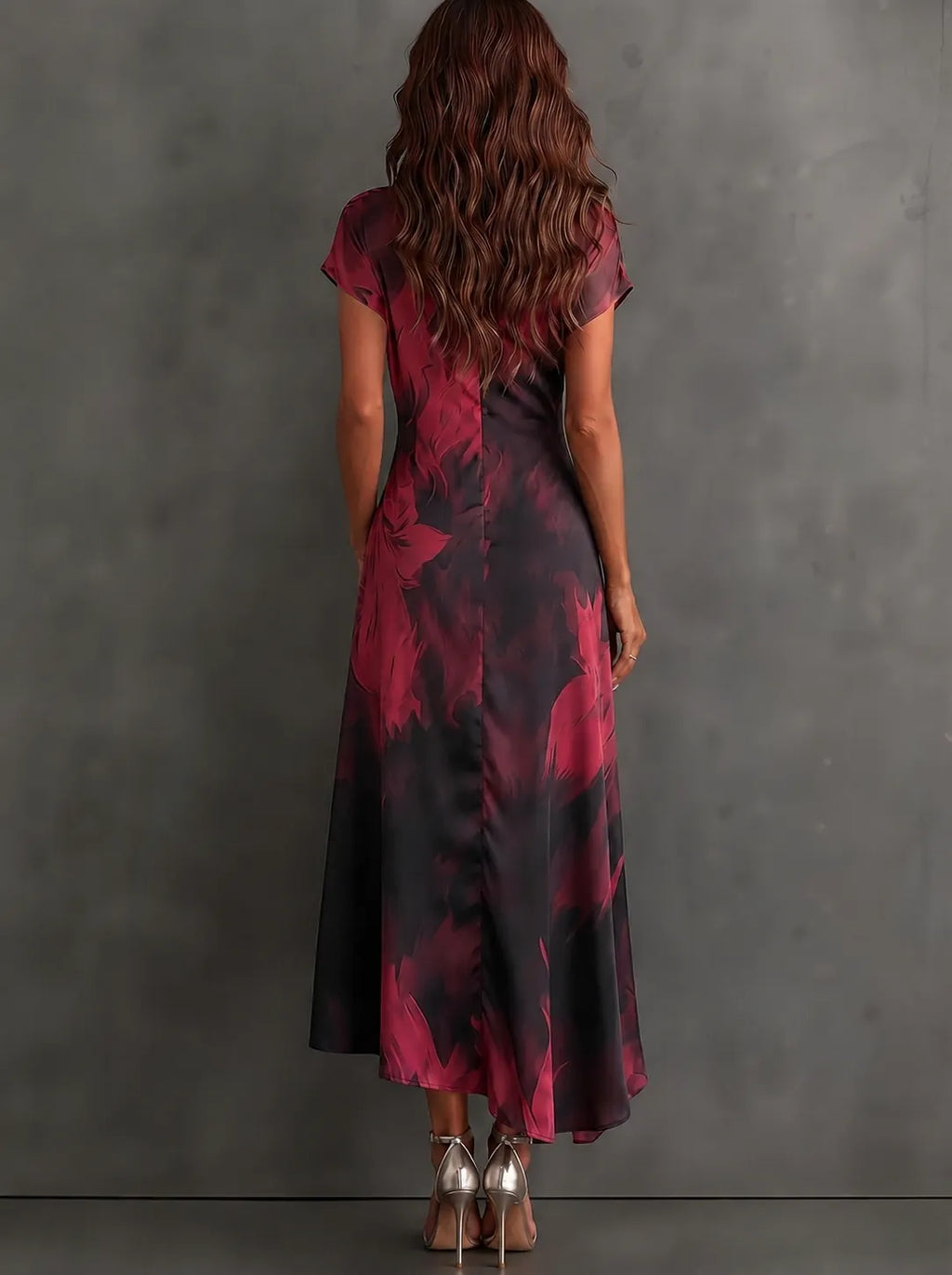 Red Black Abstract Print Wrap Midi Dress Collared V Neck Short Sleeve Tie Waist Ruffled High‑Low Hem Dress