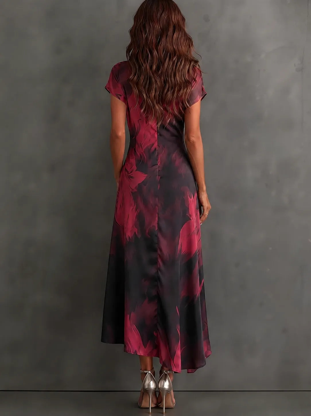 Red Black Abstract Print Wrap Midi Dress Collared V Neck Short Sleeve Tie Waist Ruffled High‑Low Hem Dress