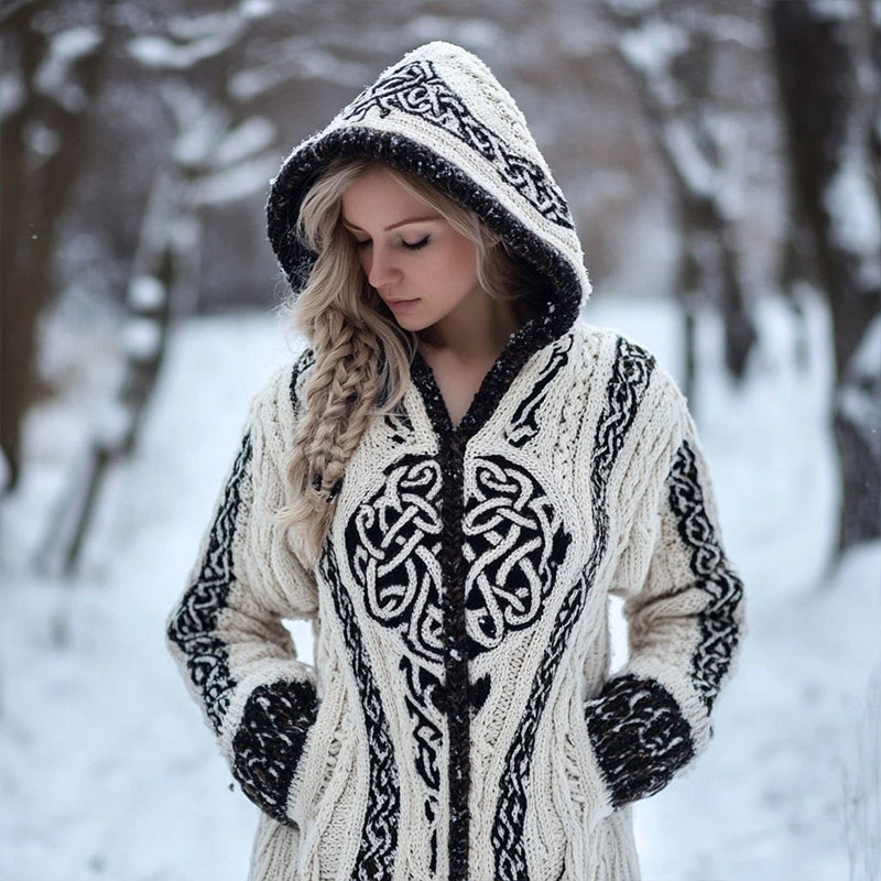 Women's Vintage Celtic Knot Jacquard Cozy Knit Hooded Cardigan