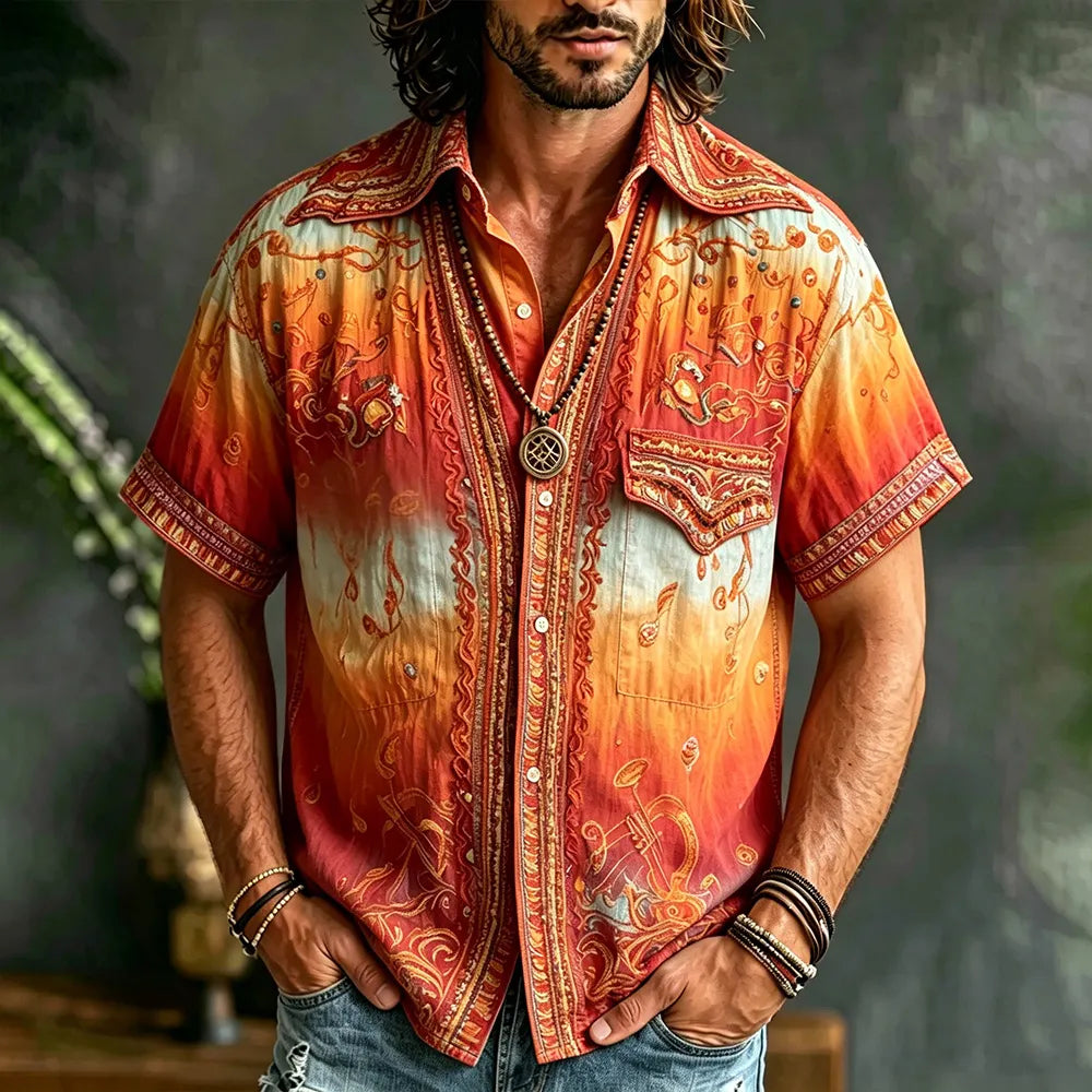 70s Hippie Gradient Music Embroidery Shirt Men Boho Paisley Short Sleeve Vacation Camp Shirt