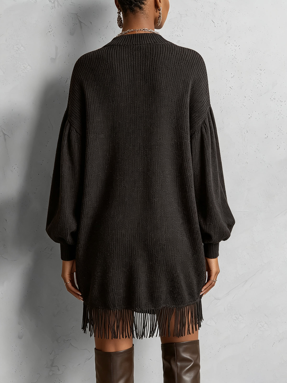 Black Gold Marbled Fringe Hem Oversized Crew Neck Knit Mini Sweater Dress