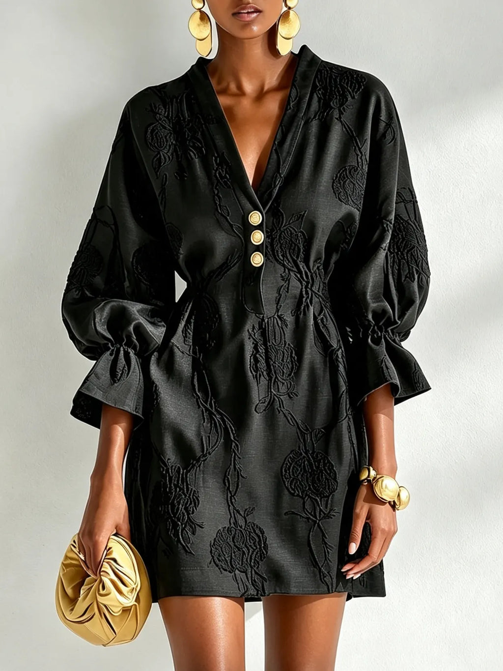 Black Embossed Floral Mini Dress V Neck Gold Button Lantern Sleeve Drawstring Waist Dress