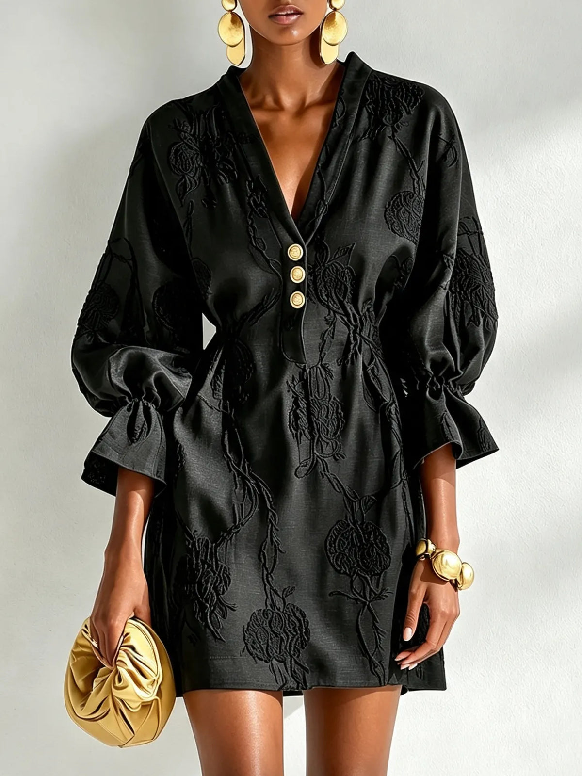 Black Embossed Floral Mini Dress V Neck Gold Button Lantern Sleeve Drawstring Waist Dress