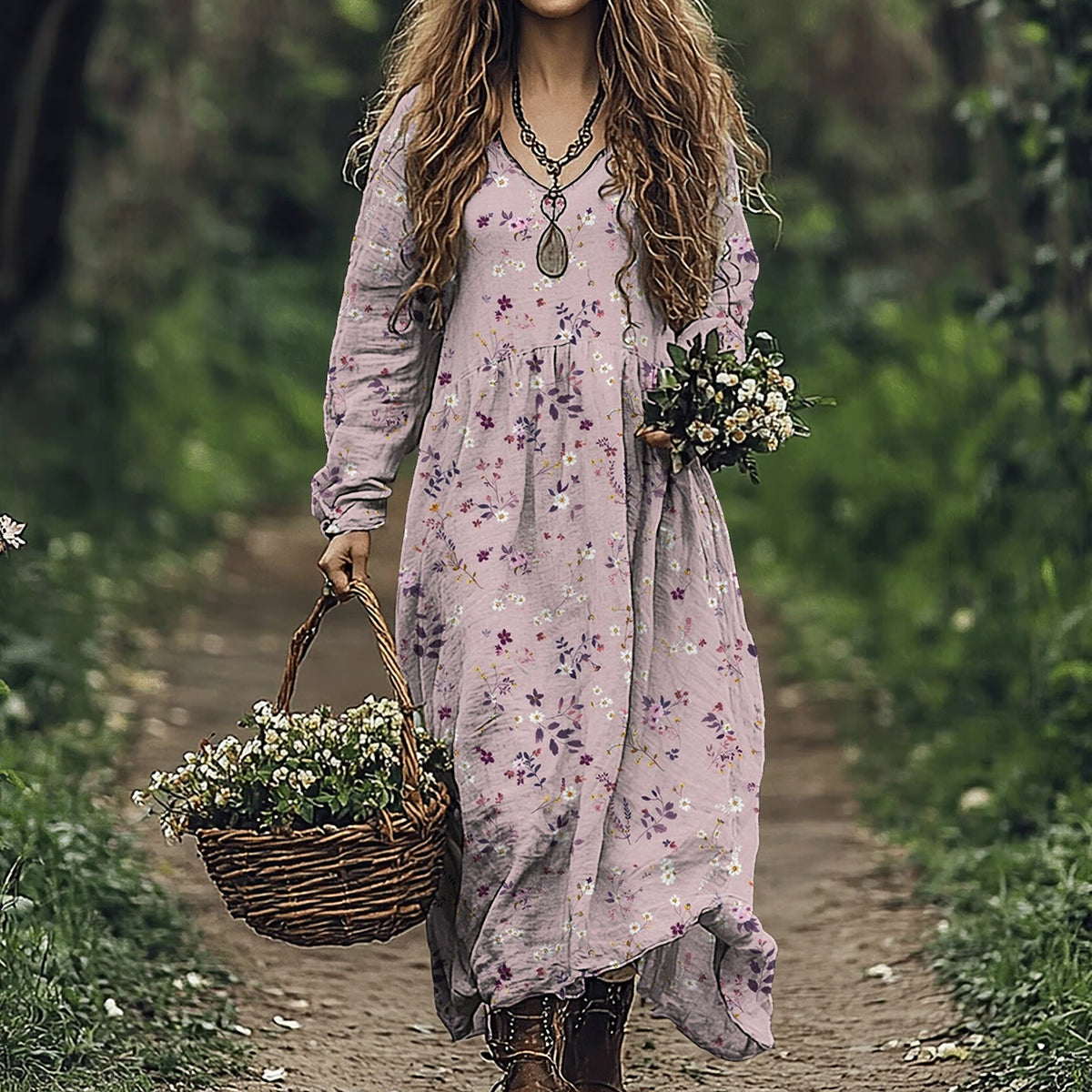 Vintage Wildflowers Floral Art Linen Blend Maxi Dress