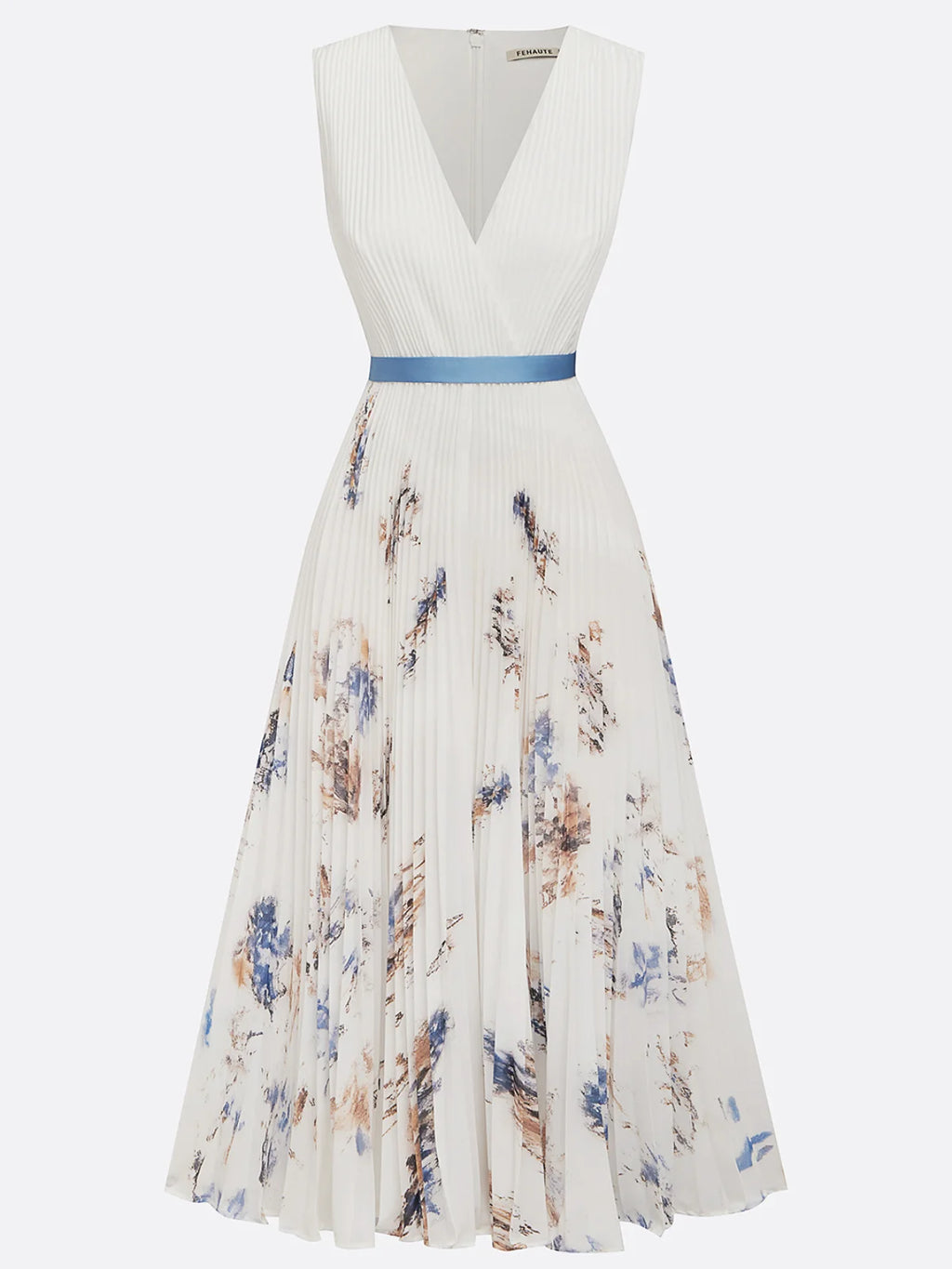 White Pleated Floral Chiffon V Neck Sleeveless A-Line Midi Dress