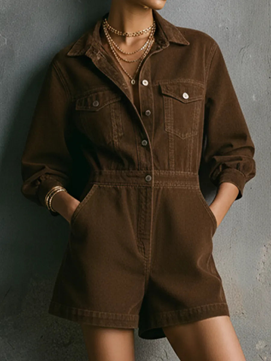 Women's Vintage Style Brown Washed Denim Metal Button Waist-Tailored Collared Long-Sleeve Short Jumpsuit MDZ2889D8GMJ