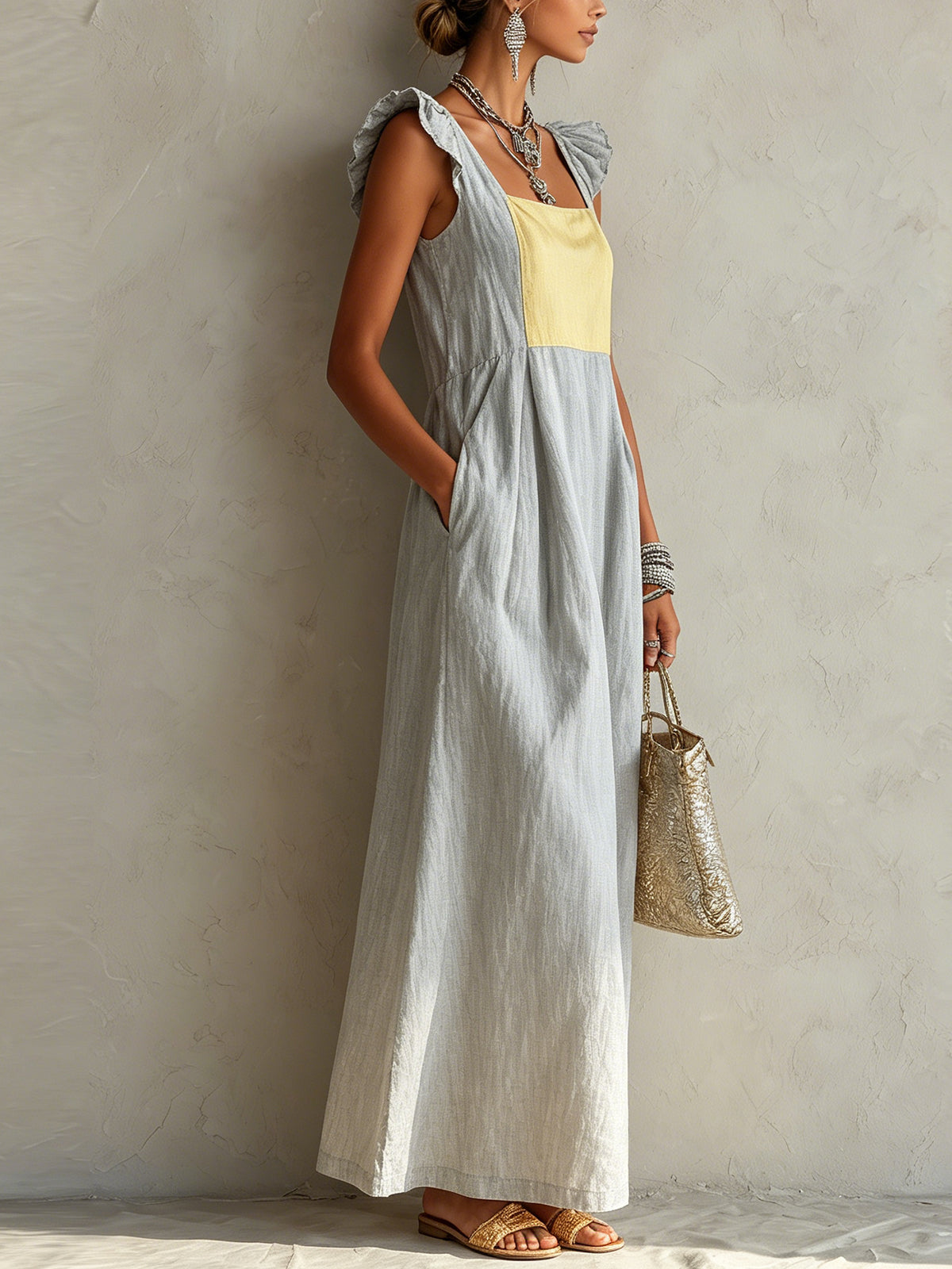 Light Gray And Yellow Colorblock Ruffle Shoulder Maxi Dress