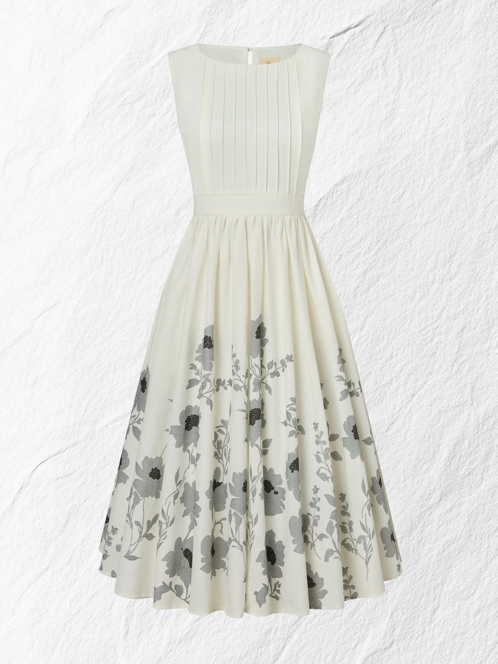 Midi Linen Dress , Sleeveless, Round Neck, Floral, Vacation, Vintage, White