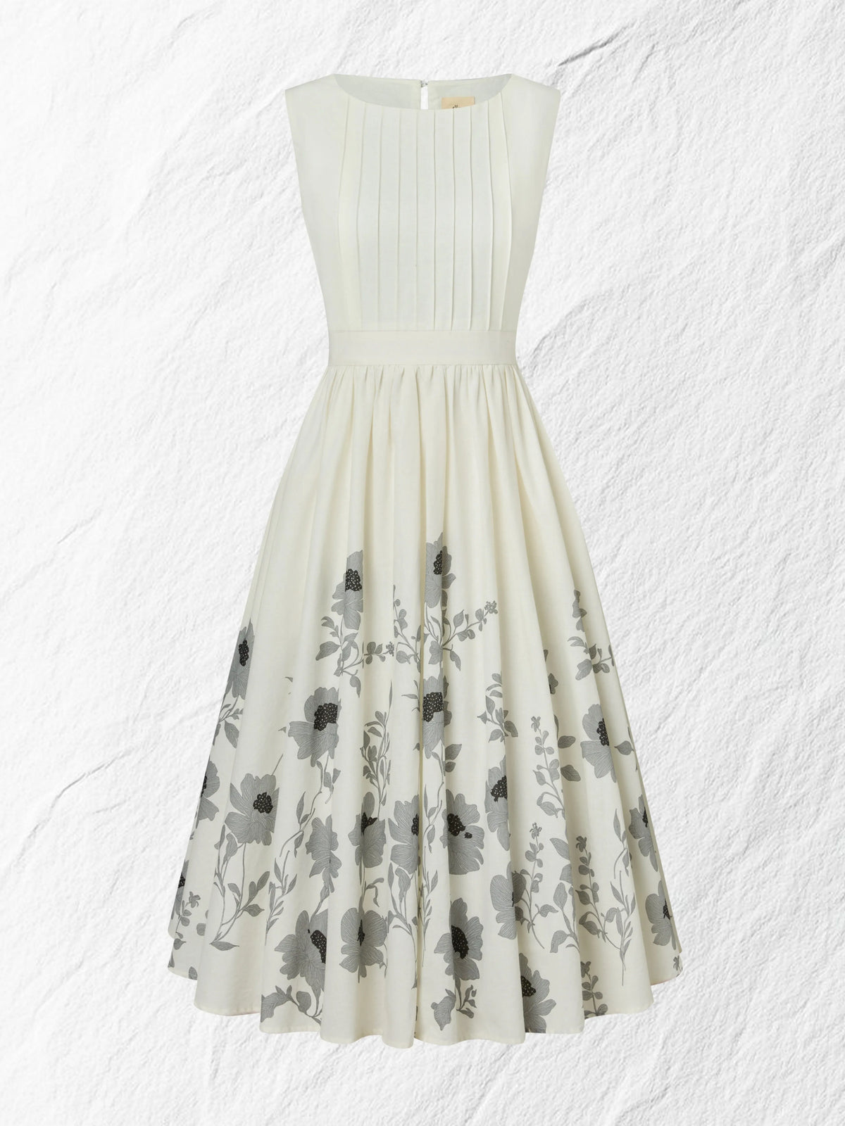 Midi Linen Dress , Sleeveless, Round Neck, Floral, Vacation, Vintage, White