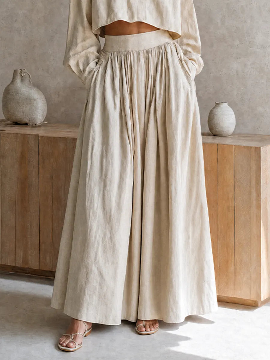 Women's Vacation-Style Beige Cotton-Linen Collared Dropped-Shoulder Long-Sleeve Cropped Top + High-Waist Pleated Wide-Leg Pants MDZ0766G0CMX