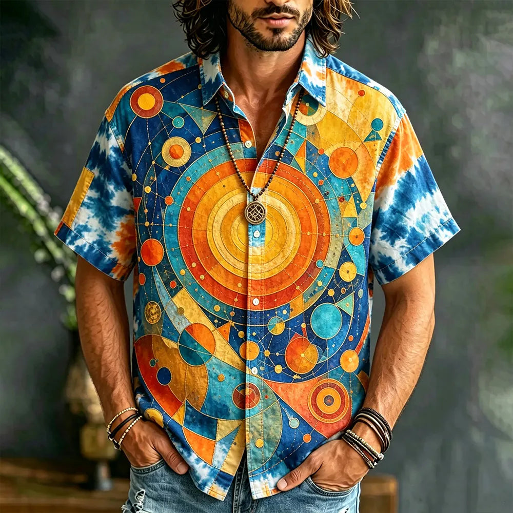 Men's Boho Celestial Print Tie Dye Shirt - Retro Cosmic Button Down Camp Collar