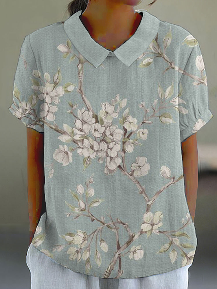 Vintage Floral Art Printed Casual Short Sleeve Shirt