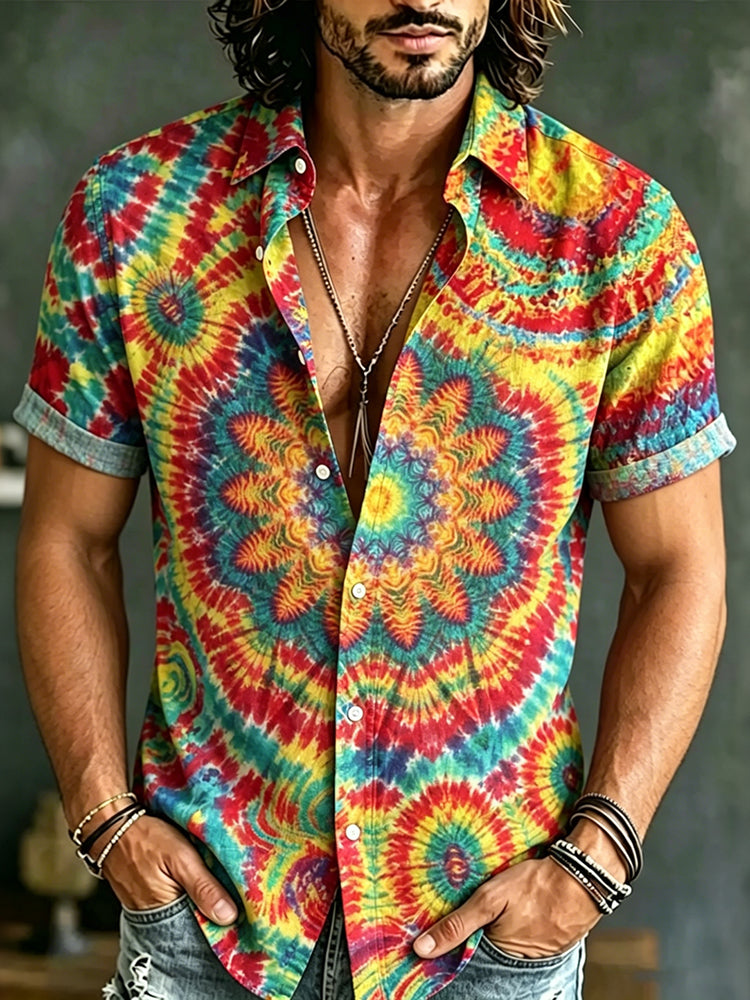Men's Retro Tie-dye Rainbow Cotton Linen Short-sleeve Shirt