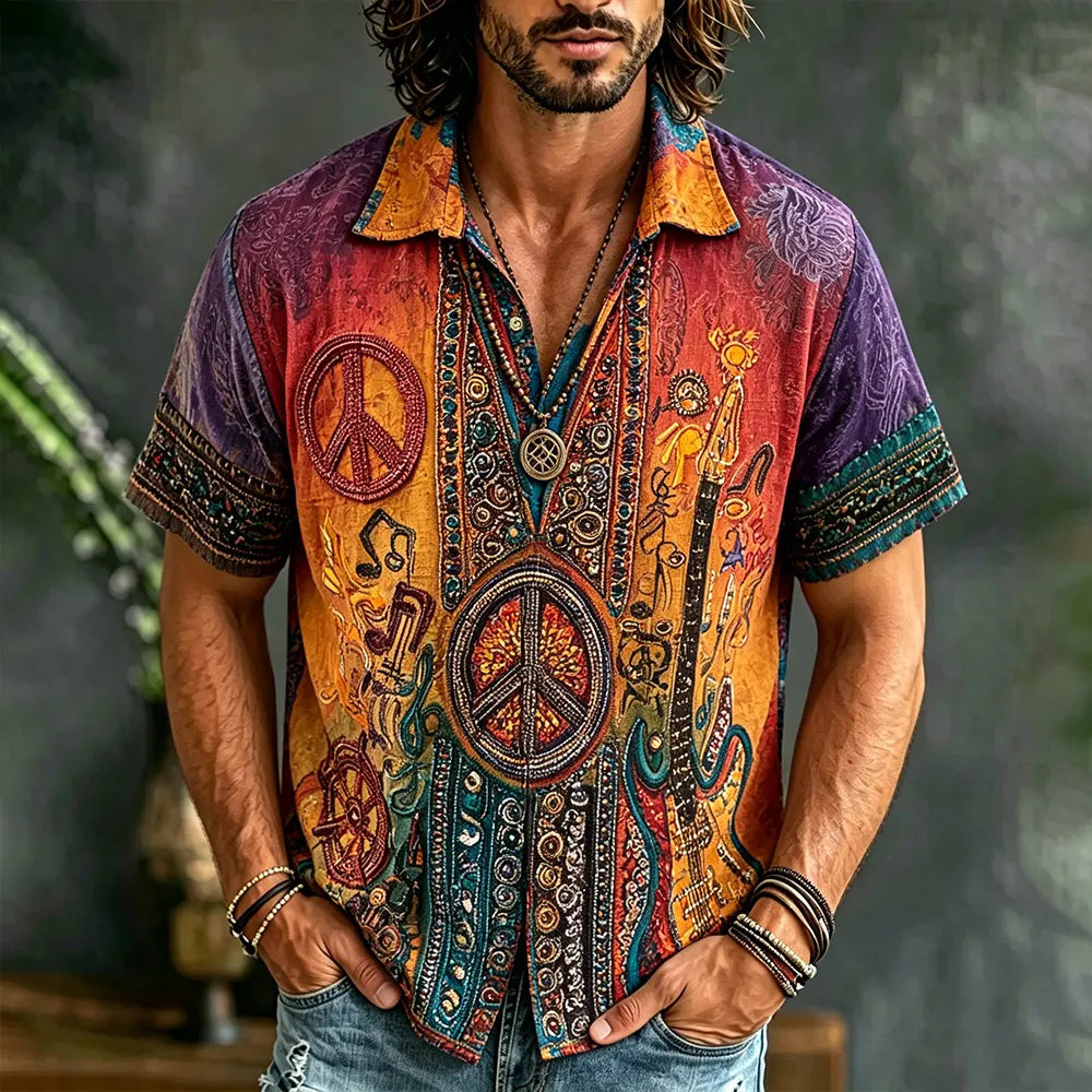 Retro Hippie Peace Sign Embroidered Short Sleeve Button Down Shirt, Boho Music Guitar Print Vintage Washed Linen Shirt For Men