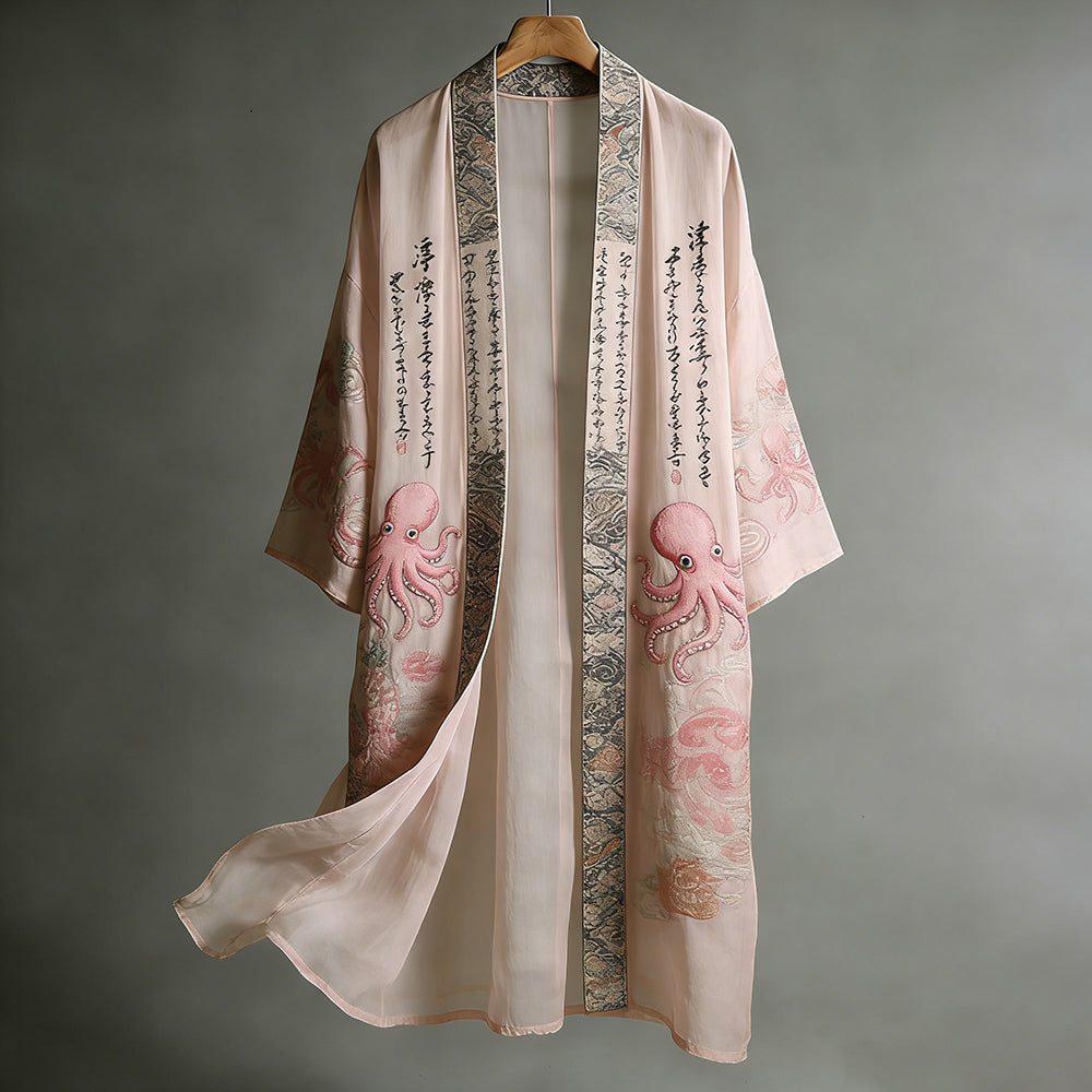 Women's Japanese-style Octopus And Calligraphy Art Embroidered Kimono