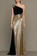 Evening Formal Dress Black Gold Metallic One-Shoulder Maxi Gown