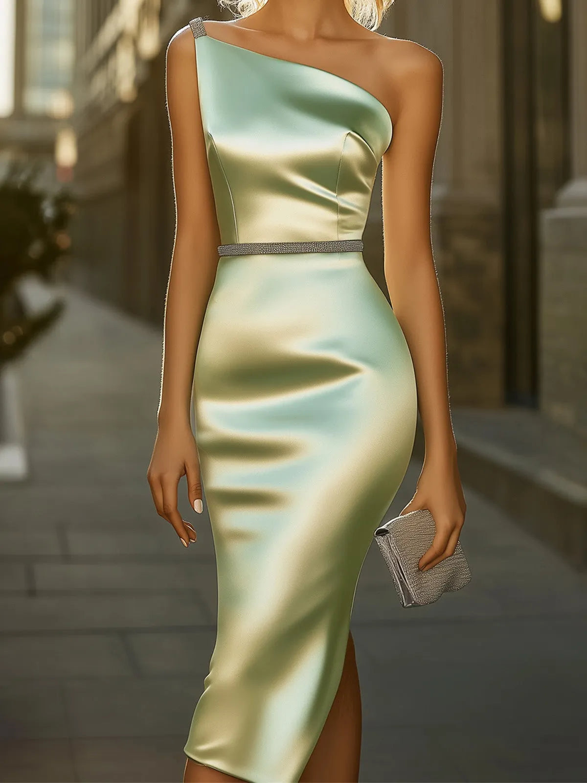 Sage Green Satin Dress With Silver Shoulder And Waist Embellishments