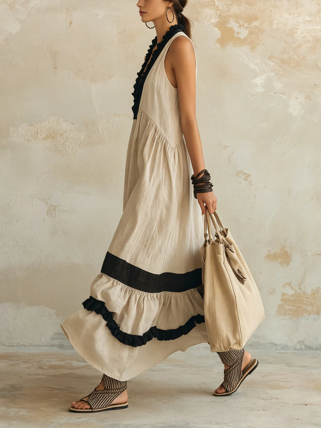 Contrast Ruffle Halter Tiered Linen Maxi Dress