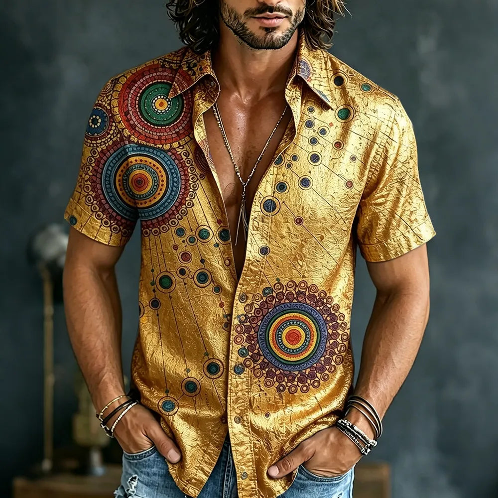 Men's Retro Hippie Tribal Pattern Short-sleeve Cotton Linen Shirt