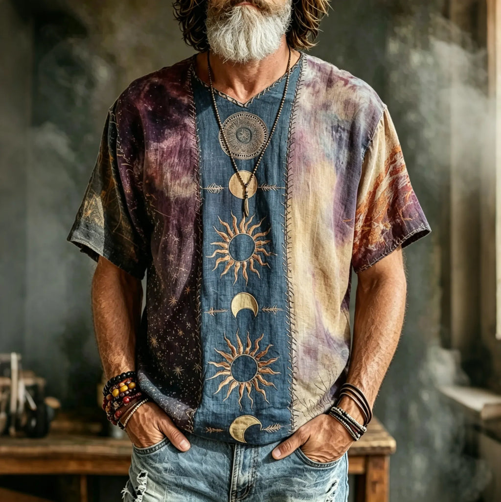 Men's  Hippie Sun Moon Star Patchwork Pattern Print T-shirt