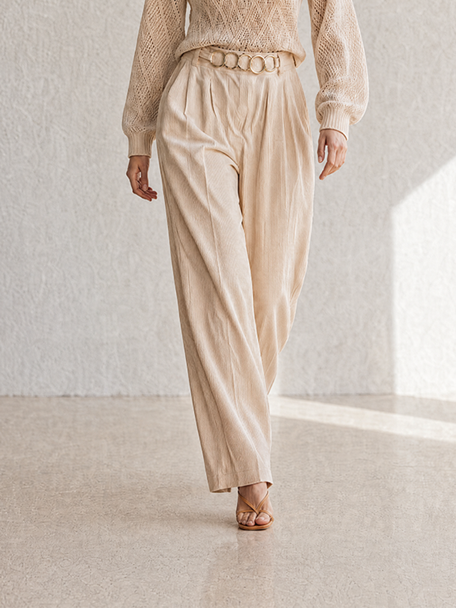 Women's Elegant Casual Beige Pointelle-Knit Round-Neck Blouson-Sleeve Sweater & Metal-Belt Cotton-Linen Wide-Leg Trouser Set MDZ2348G8CMX