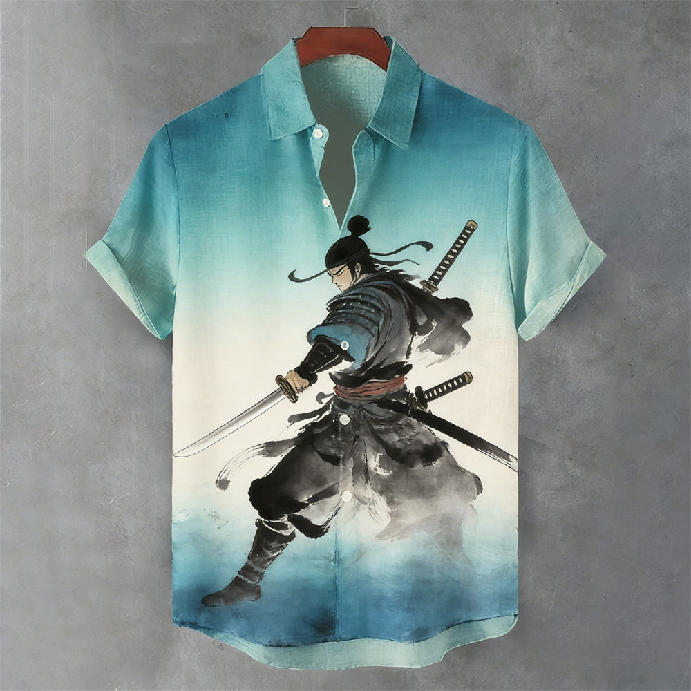 Japanese Samurai Pattern Men's Linen Short Sleeve Shirt