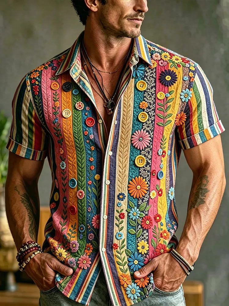 Hippie Rainbow Vertical Stripe Flower Embroidery Men’s Shirt, Vintage Handmade Textured Short Sleeve Vacation Party Blouse