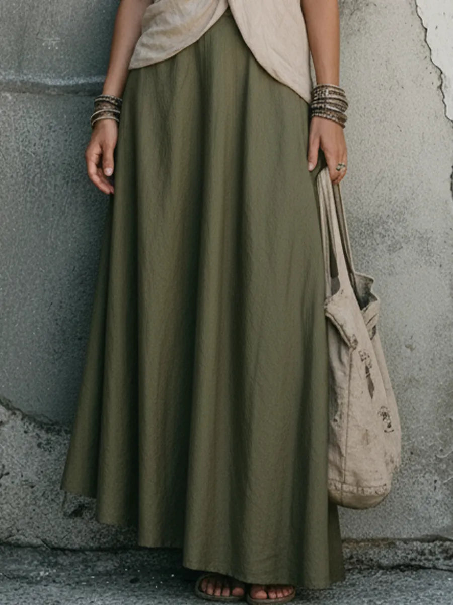 Women's Relaxed-Fit Off-White Cotton-Linen Halter Top And Olive Green Cotton-Linen Midi Skirt Set MDZ2357D0GMJ