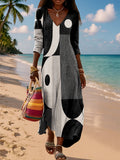 Women's Vintage Abstract Geometric Art Print V-neck Pocket Cotton Dress