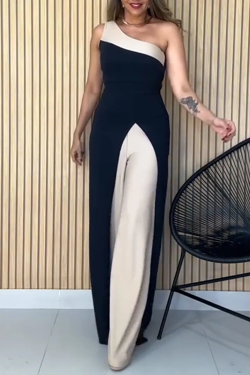 Women Diagonal Shoulder Fake Two-piece Patchwork Decoration Elegant Temperament Jumpsuit