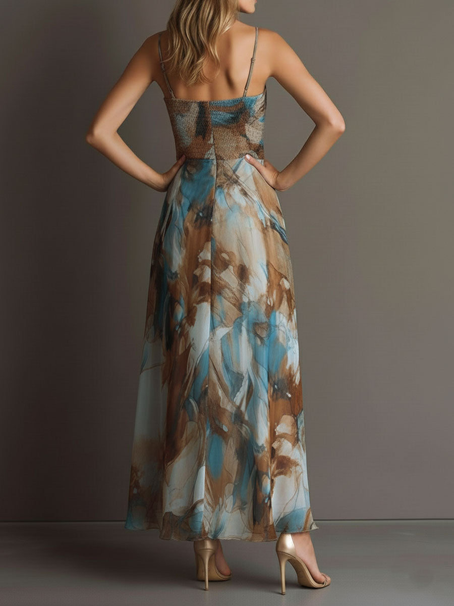 Boho Watercolor Print Chiffon Spaghetti Strap Maxi Dress